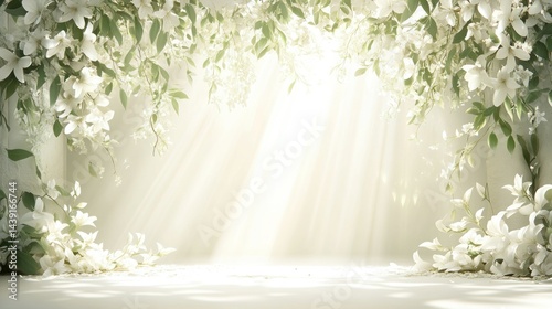 Soft white floral backdrop, sunlight streaming through