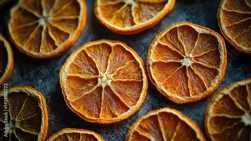Dried Orange Slices Arranged on a Dark Surface for Visual Appeal