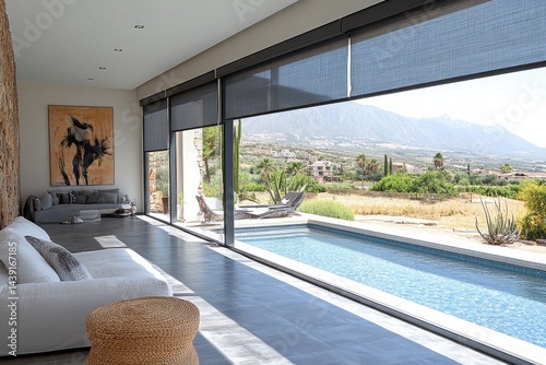 Modern living room with swimming pool, mountains, and roll up blinds. Ideal for architecture, interior design, or travel related content.
