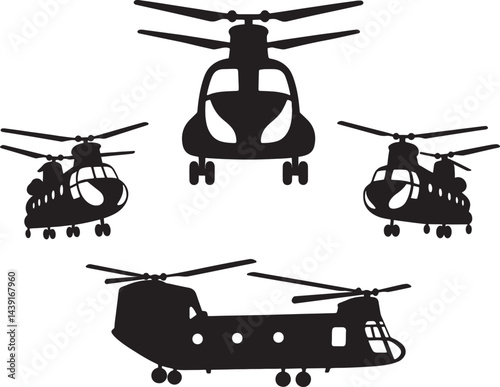 helicopter silhouette icon set in different angle vector art illustration 