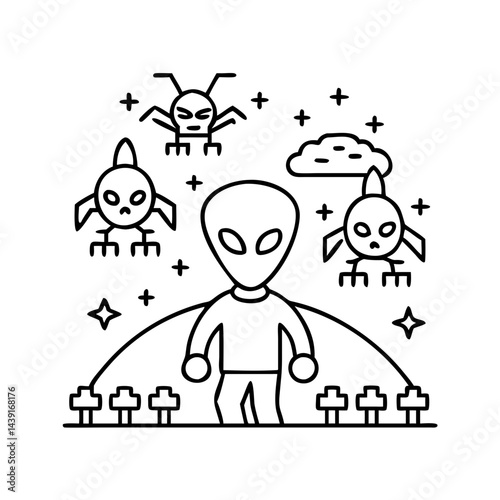 alien invader retro style icon, alien invader retro style line art - simple line art of alien invader retro style, perfect for alien invader retro style logos and icons