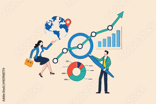 Research and development, analyze data for insight information to improve or optimization, market research to increase growth concept, business people researching with magnifying glass and computer.