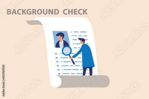 Background check for employment or recruitment, criminal or drug check on candidate or employee, work experience or career history concept, detective with magnifier checking on candidate document.