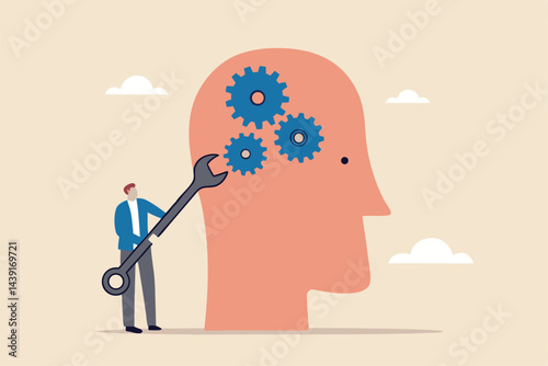Change mindset or attitude, psychology or brain training to learn new skill to success, mentor or coaching concept, businessman with wrench to adjust gear cogwheels on human head metaphor of mindset.