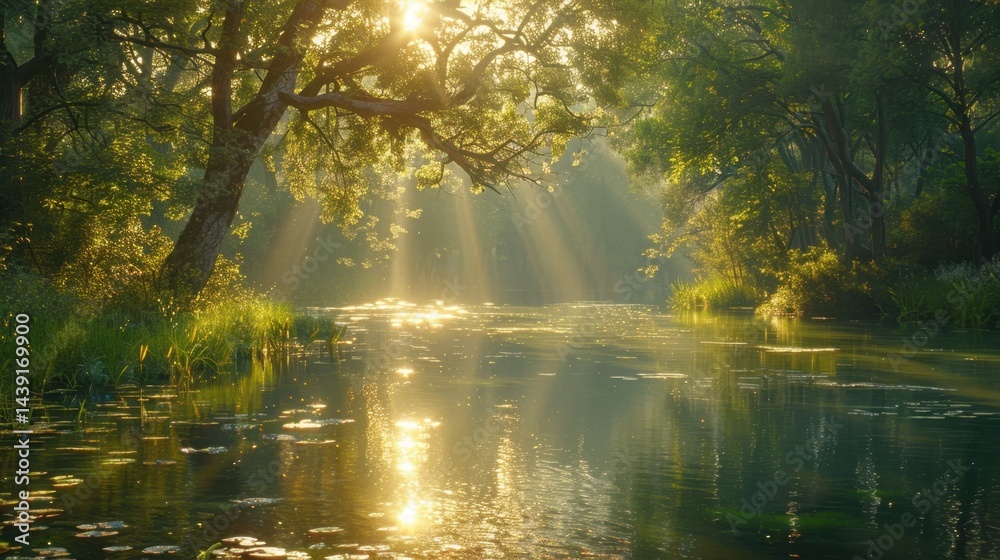 serene riverbank, golden light and soft shadows serene riverbank, golden light and soft shadows