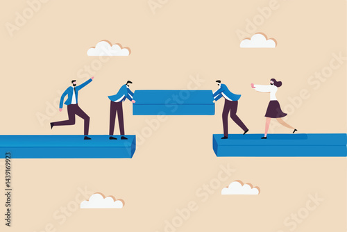 Build business bridge connect path together, solution or teamwork idea, cooperation or collaboration to success together concept, business people team help building the bridge to connect the way.