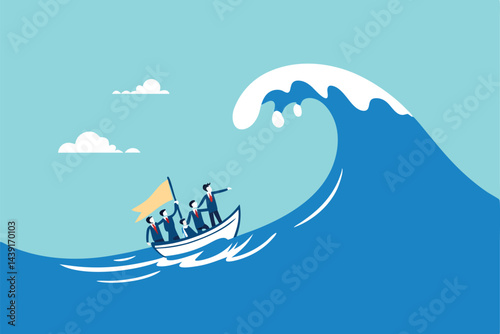 Courage and leadership to win business success, teamwork to help survive crisis, challenge or risk taker concept, businessman captain point finger to lead team sailing boat to survive big wave storm.