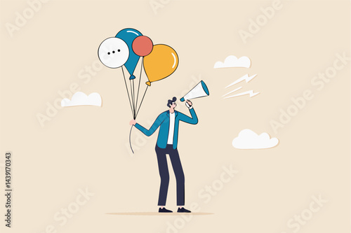 Communication or PR, Public Relations manager to communicate company information and media, announce sales or promotion concept, businessman holding speech bubble balloons while talking on megaphone.