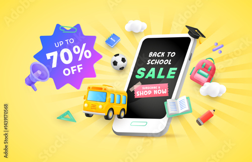 Online shopping and apps promotion design for back to school concept with burst yellow background. 3d sale concept elements. Vector illustration template for banner, web and promotion.