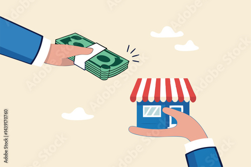 Company buyout, acquisition agreement or takeover, selling company offer or merger, franchise business concept, businessman offer money to buy other hand offer company or shop building.