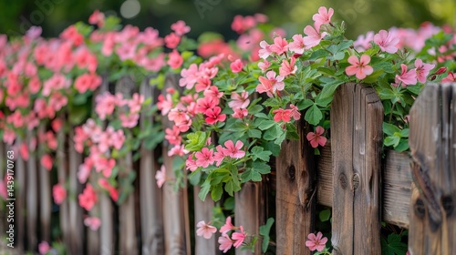 Wooden fence lined with blooming geraniums