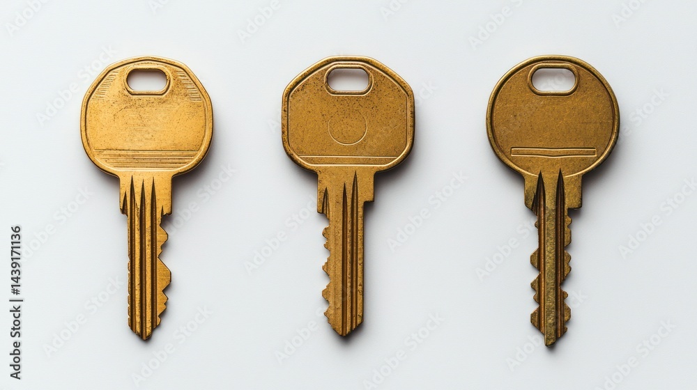 Flat-lay of three golden house keys in different sizes on white background. Flat-lay of three golden house keys in different sizes on white background.