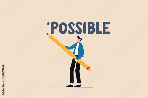 Make it possible, erase im word from impossible and believe we can do it, challenge or hope to overcome difficulty and achieve success concept, businessman using eraser to delete im from impossible.