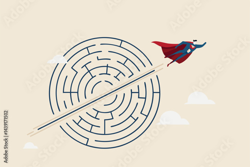 Breakthrough obstacle or problem with creativity, leadership determination to overcome difficulty and progress to success concept, businessman superhero flying breakthrough difficult maze labyrinth.