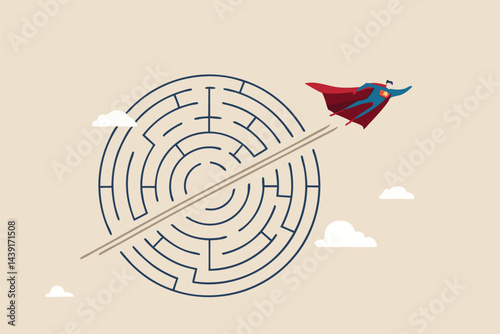 Breakthrough obstacle or problem with creativity, leadership determination to overcome difficulty and progress to success concept, businessman superhero flying breakthrough difficult maze labyrinth.