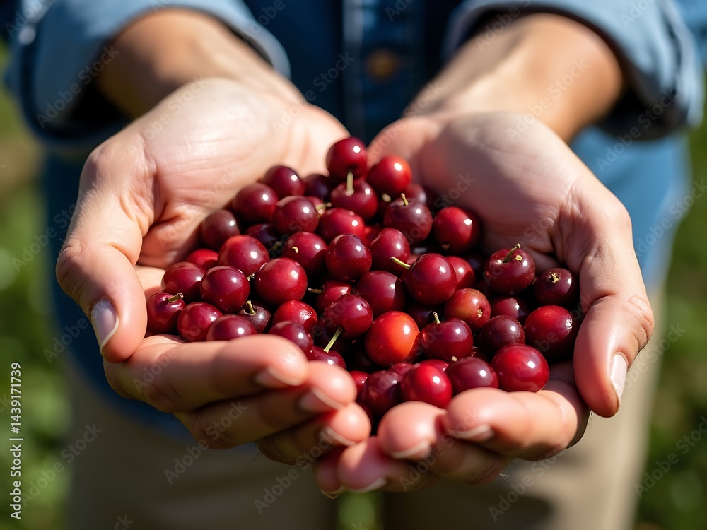 A Pair Of Cupped Hands Gently Holds A Pile Of Small, Freshly Picked Red Berries Or Coffee Cherries, Natural Harvest, Agricultural Produce. A Pair Of Cupped Hands Gently Holds A Pile Of Small, Freshly Picked Red Berries Or Coffee Cherries, Natural Harvest, Agricultural Produce.