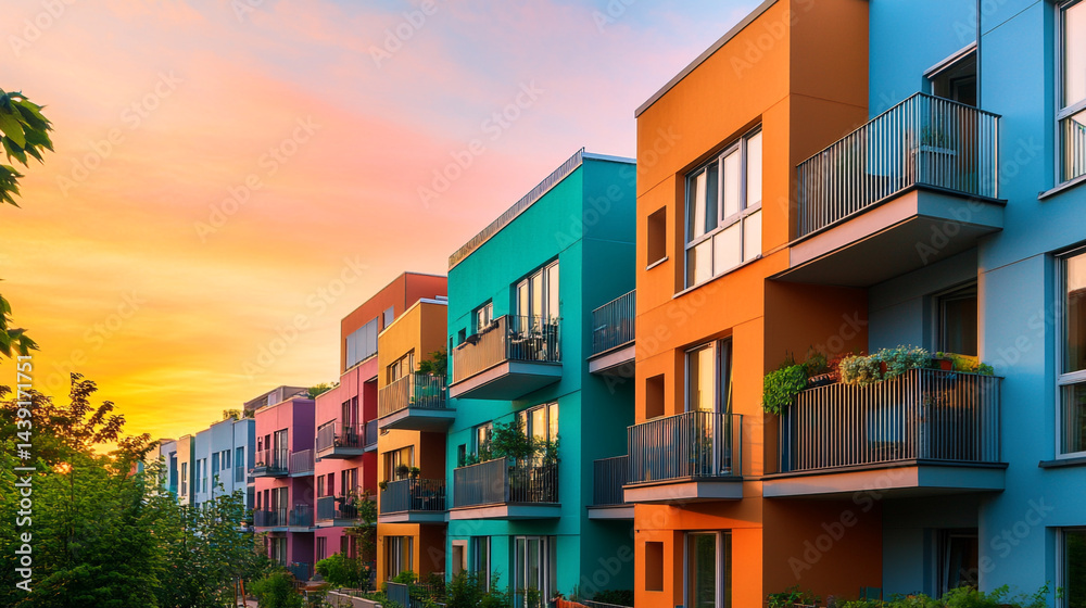 Obraz premium Modern apartment building during sunset with vibrant orange and blue sky, A row of beautiful townhouses with modern design, Designed with spacious units and extensive green areas. 