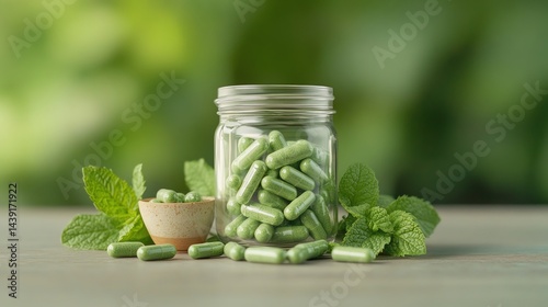 Green Herbal Supplement Capsules in Jar with Fresh Mint Leaves