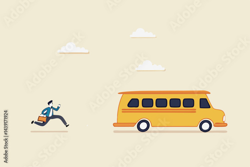Left behind, exclusion or forgotten employee, failure or mistake to come late and miss the bus, opportunity gone away concept, frustrated businessman come late running to catch the run away bus.