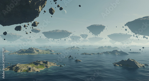 Fantastic Ocean View With Floating Islands And Meteors In Hazy Atmosphere