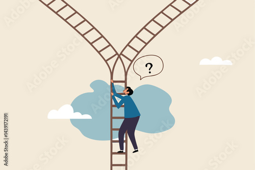 Decision making, choosing choices, options or way, which direction to be success or decide path to achieve target concept, confused businessman climb up ladder and found crossroad to make decision.