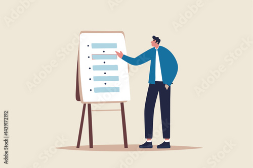 Procedure and workflow, planning process or sequence to finish project, standard or company policy, business outline to step by step, businessman leader present workflow and procedure in meeting.
