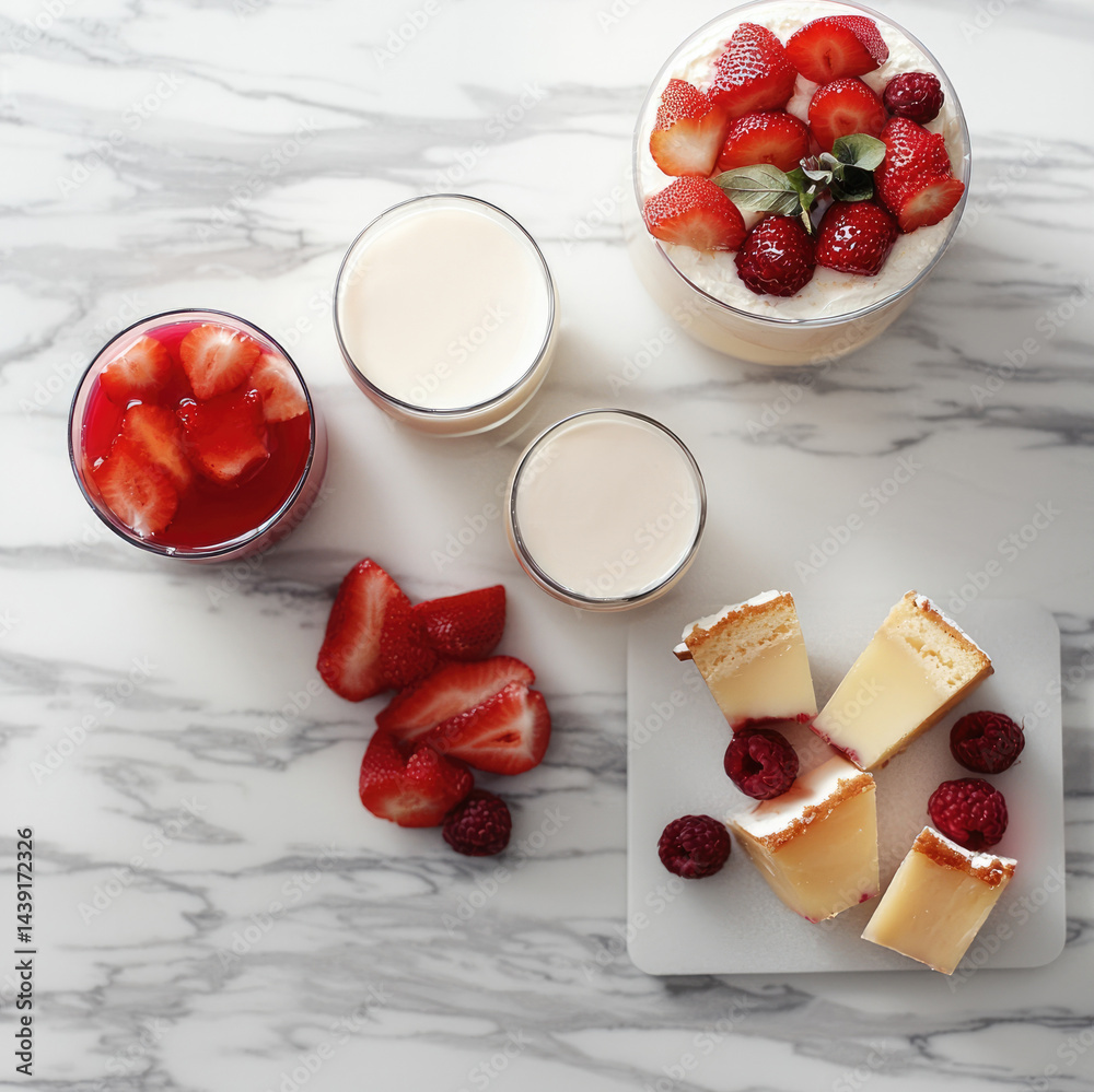 Fresh strawberry and raspberry cheesecake with creamy drinks, garnished with sliced fruit, on marble table, creating bright and inviting summer dessert scene
