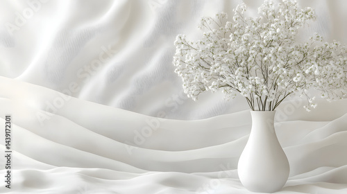 Elegant white floral arrangement in a vase pure white background still life photography minimalist style