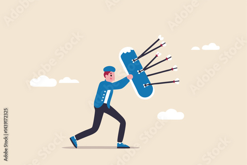 Shield protection from threats, security attack or business risk, insurance or safety guard to protect from threatening concept, strong businessman with armor and shield to protect from bow arrows.