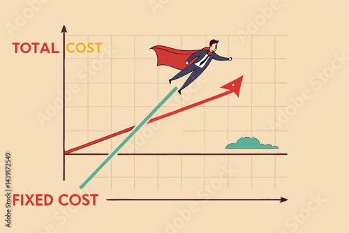 Break even point, business strategy plan revenue growing up to break point and business earn profit, success company growth concept, businessman super hero flying as revenue on break even diagram.
