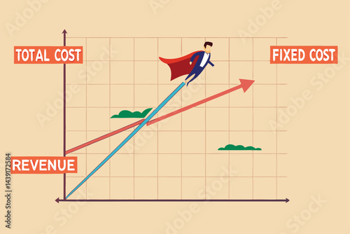 Break even point, business strategy plan revenue growing up to break point and business earn profit, success company growth concept, businessman super hero flying as revenue on break even diagram.