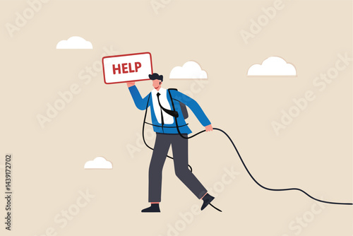 Need help and support to solve problem, desperate or burnout from overworked, request or ask for help concept, frustrated businessman with messy line on himself holding help placard with hopelessness.