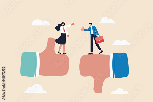 Conflict and argument between colleagues, controversy or difference opinion, disagree, confrontation or rivalry fighting concept, businessman and woman furious arguing on difference thumb up and down.