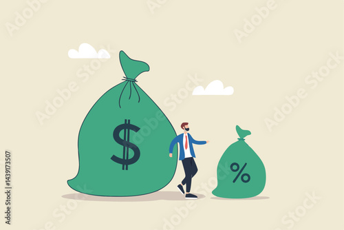 Commission payment, interest rate for loan payment or investment profit percentage, incentive to reward or motivate concept, businessman salesperson standing with money bag and commission portion.