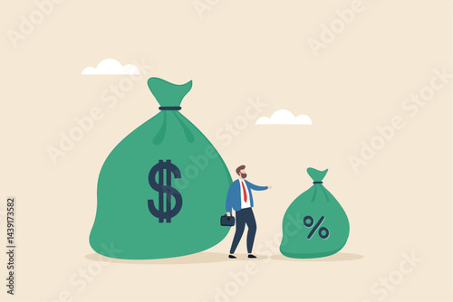 Commission payment, interest rate for loan payment or investment profit percentage, incentive to reward or motivate concept, businessman salesperson standing with money bag and commission portion.