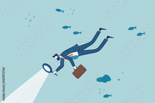 Deep dive analysis, discover business problem and improvement, research and strategy to develop and explore market and optimization, businessman scuba diving with magnifying glass in deep blue ocean.