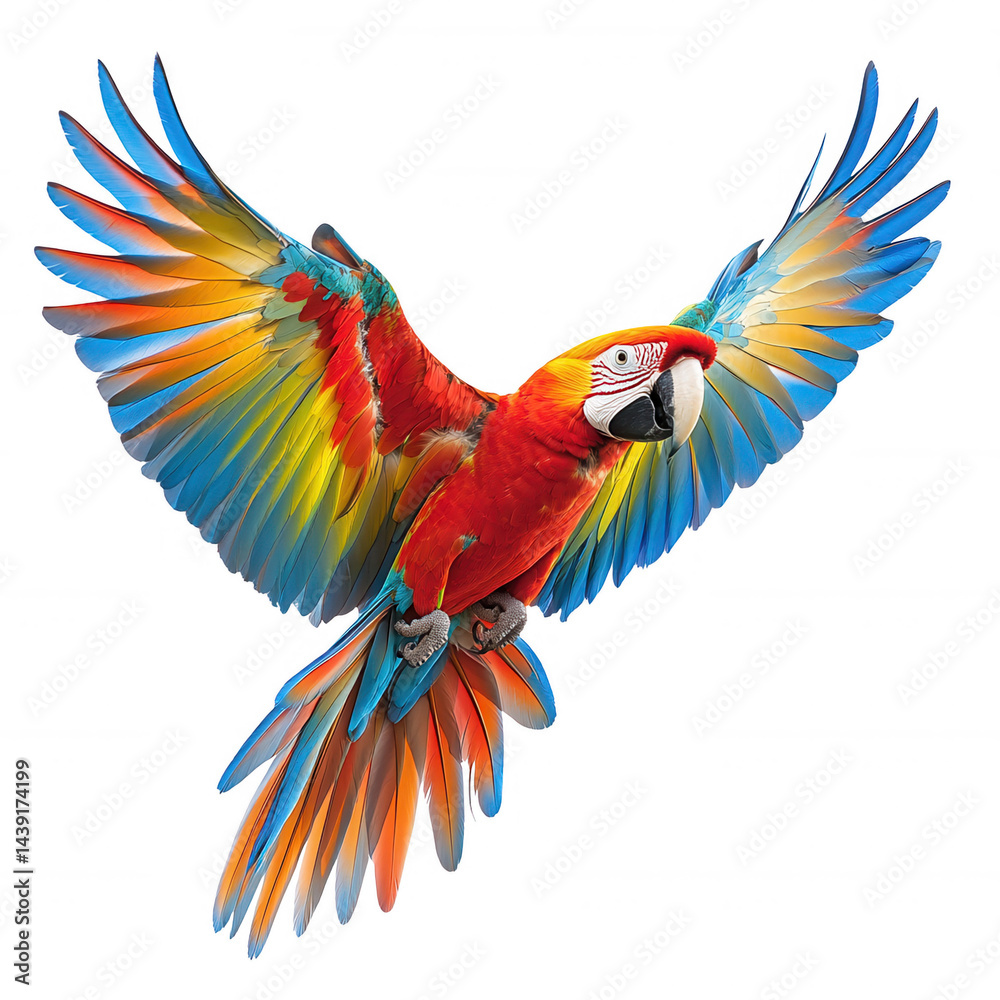 Fototapeta premium Scarlet macaw parrot flying colorful wings exotic bird isolated black background on transparent background