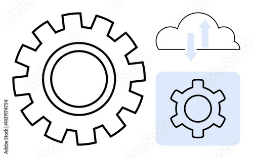 Gear symbolizing process optimization and a cloud with arrows denoting data synchronization. Ideal for technology, innovation, automation, cloud computing, digital transformation, data sharing