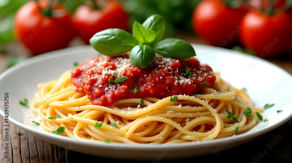 Combination of vibrant tomato sauce, fresh herbs, and grated cheese on spaghetti, garnished with a basil leaf on a white plate. Combination of vibrant tomato sauce, fresh herbs, and grated cheese on spaghetti, garnished with a basil leaf on a white plate.