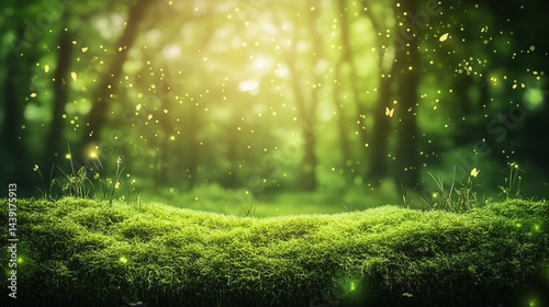 Lush Green Forest Floor with Enchanting Light and Fantasy Glowing Particles