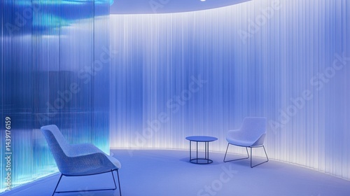 Serene blue-lit waiting room; modern chairs, calming background; ideal for wellness or spa brochures