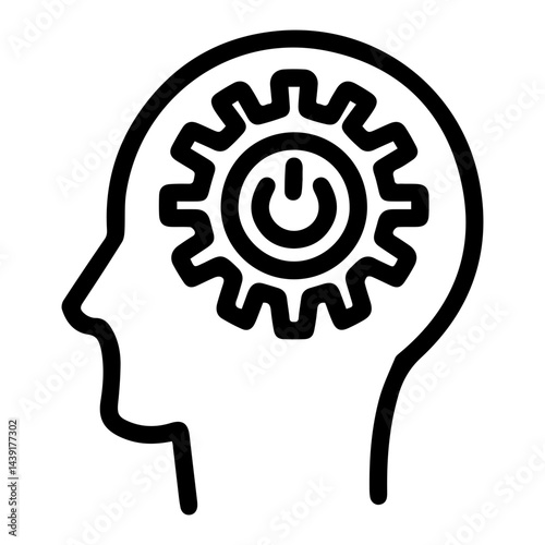 Gear in mind (outline style). Mechanical thought, power concept, operational idea, machine thinking, engineering mindset, technological process, cogwheel brain, automation focus