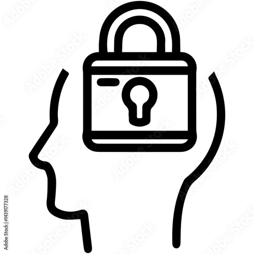 Locked padlock in mind (outline style). Secured thought, restricted idea, blocked concept, mental security, private thinking, inaccessible mind, confidential notion, protected thought