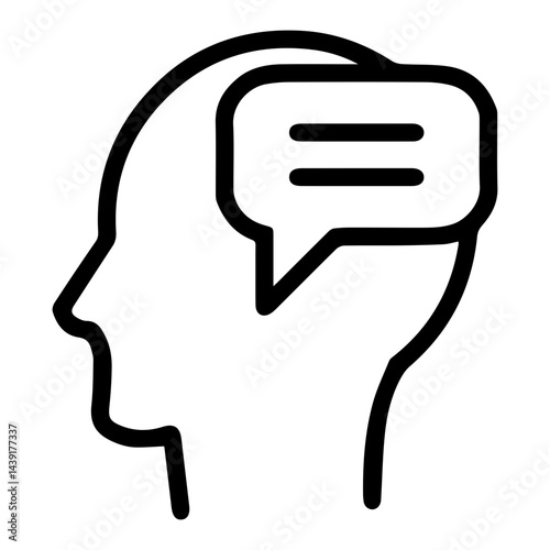 Chat box in mind (outline style). Communicative thought, conversational idea, interactive concept, messaging mindset, dialogue focus, exchange of ideas, mental discussion
