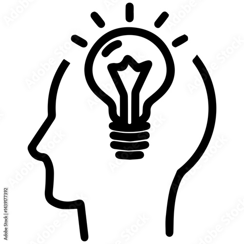 Profile outline of a head containing a radiant light bulb. Symbolizing bright ideas, inspiration, creativity, and the sudden illumination of thought. Minimalist black and white graphic