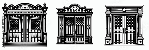 The Western Saloon Doors. Symbol Vector Clip art. Frontier tavern entrances swinging portals to old west adventure vibe.