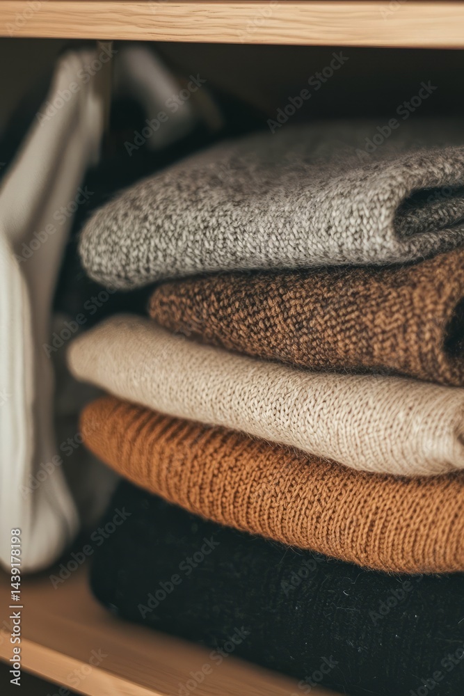 A bedroom with a capsule wardrobe and folded clothes. A student keeps outfits simple to avoid buying more. The mood is intentional and calm