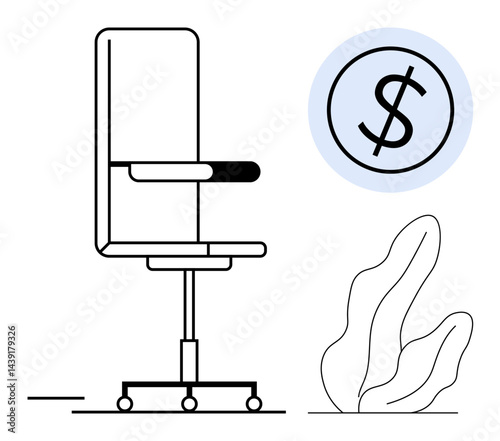 Office chair on wheels, dollar sign in a circular shape, and decorative plant. Ideal for finance, workplace, productivity, job growth, investment, career development simple landing page