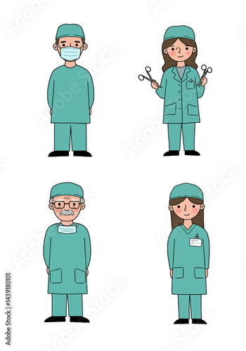 A simple and clean illustration of four surgeon characters standing together on a plain white background. The design is minimal, professional, and friendly, using soft colors and a flat illustration.