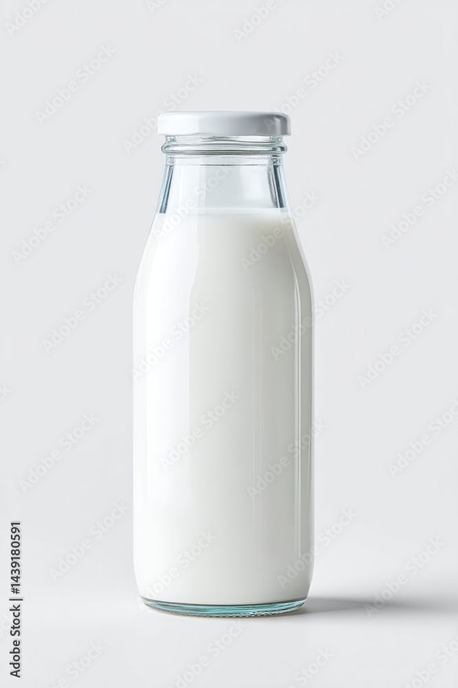 glass milk bottle standing upright with clean white label surrounded by ample white copy space for text positioned